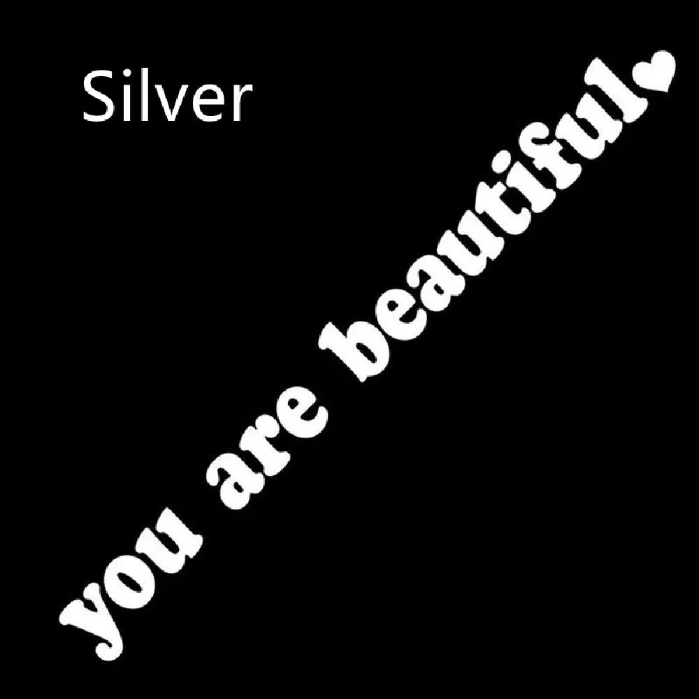 You Are Beautiful sport PVC vinyl stickers in nine colours showing laser and gold finishes with dimensions