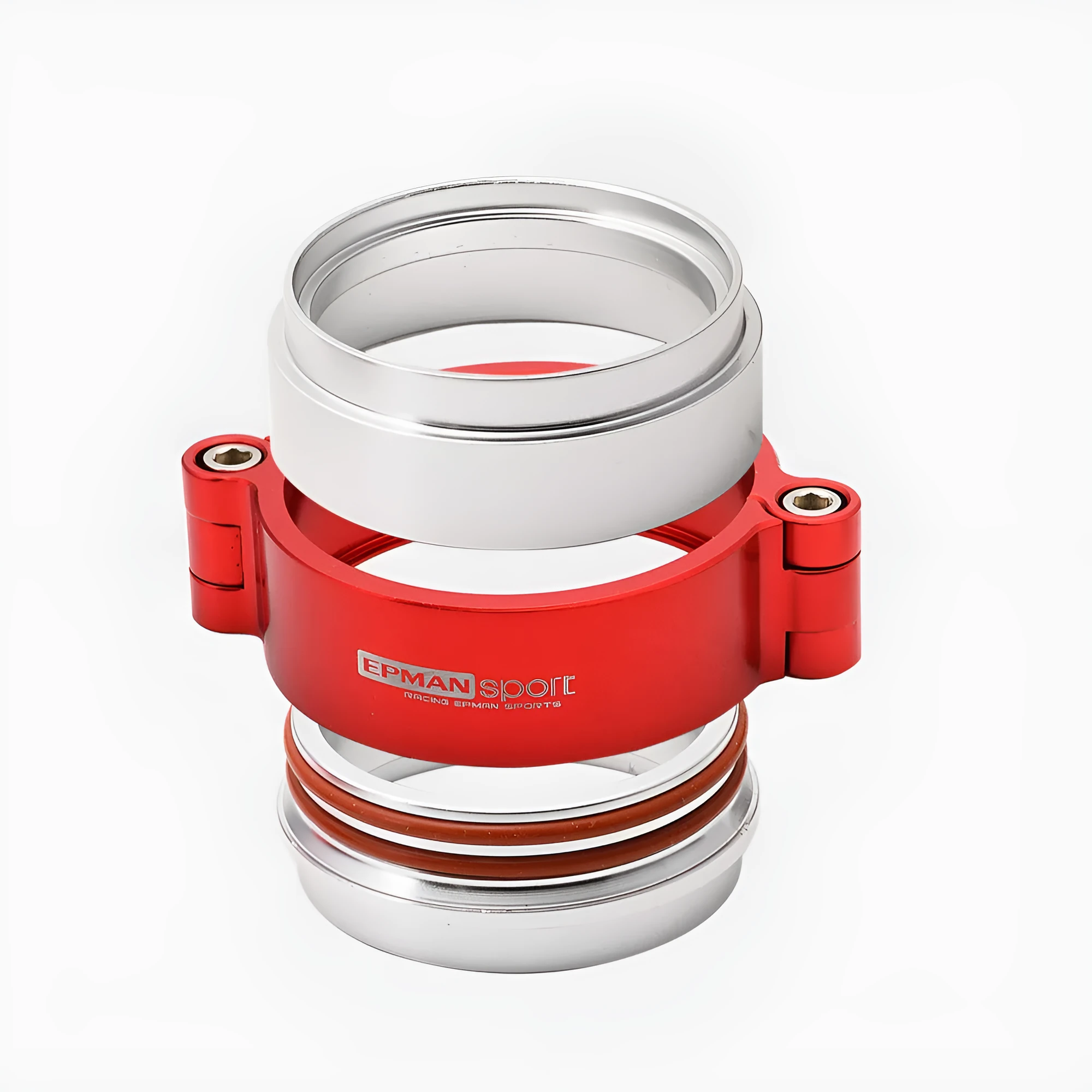 Aluminium high-pressure clamp for turbocharger exhaust pipe in black, blue, or red.