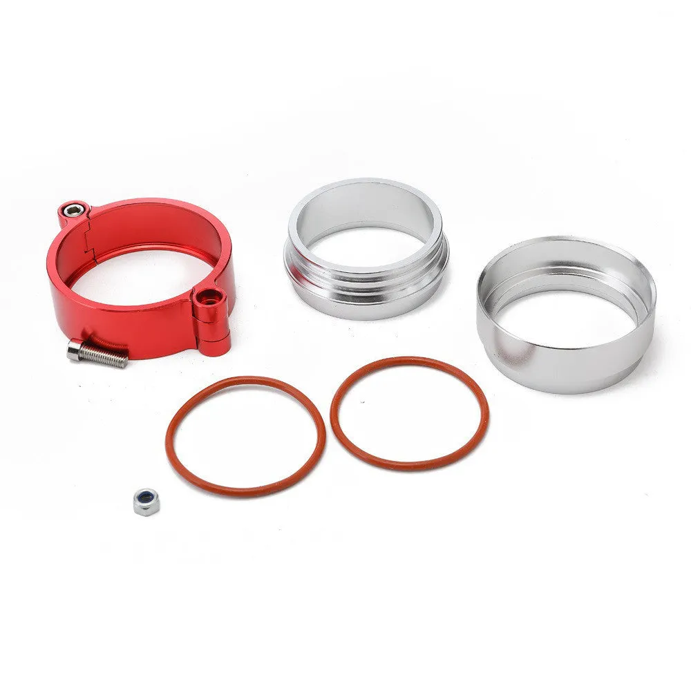 Aluminium high-pressure clamp for turbocharger exhaust pipe in black, blue, or red.