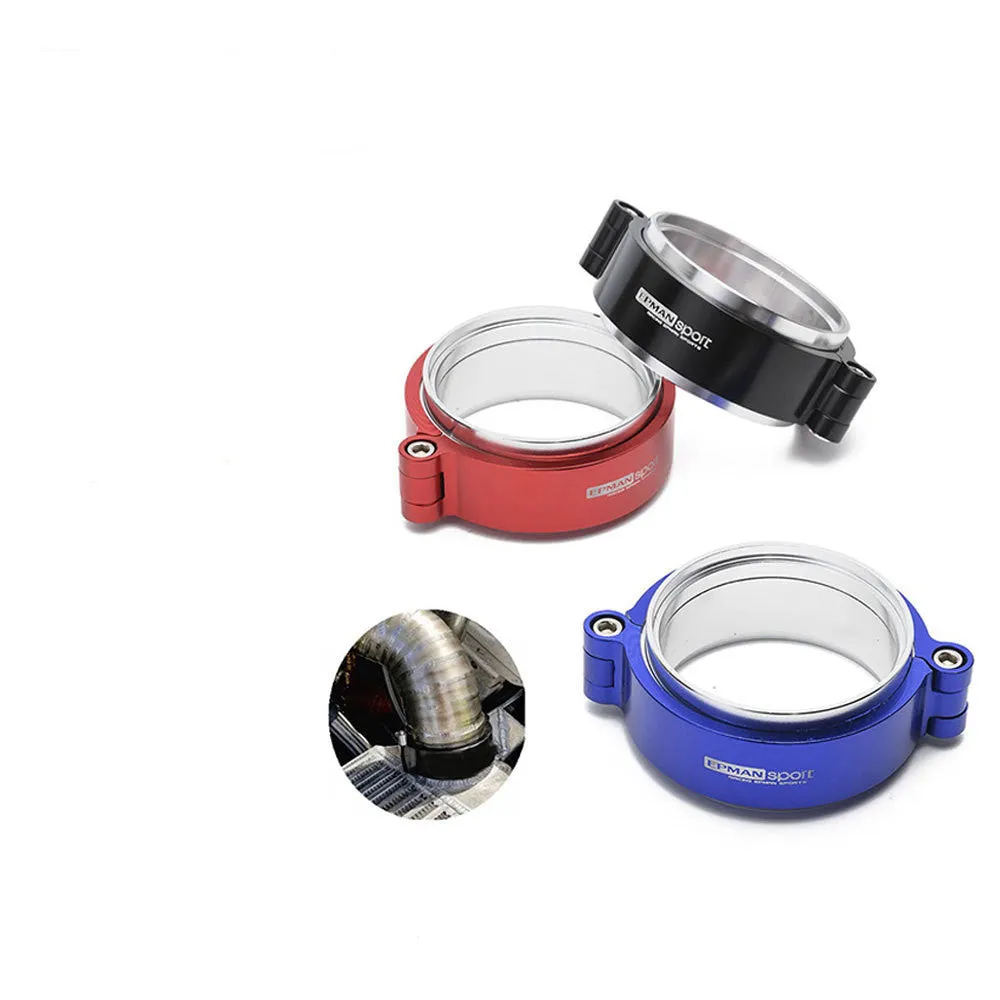 Aluminium high-pressure clamp for turbocharger exhaust pipe in black, blue, or red.