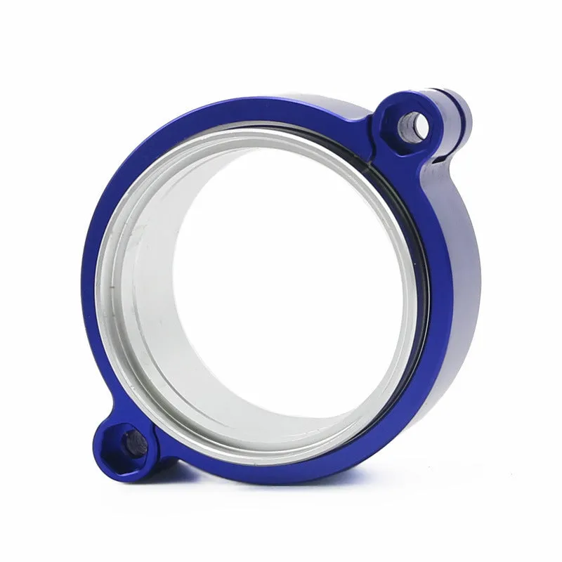Aluminium high-pressure clamp for turbocharger exhaust pipe in black, blue, or red.
