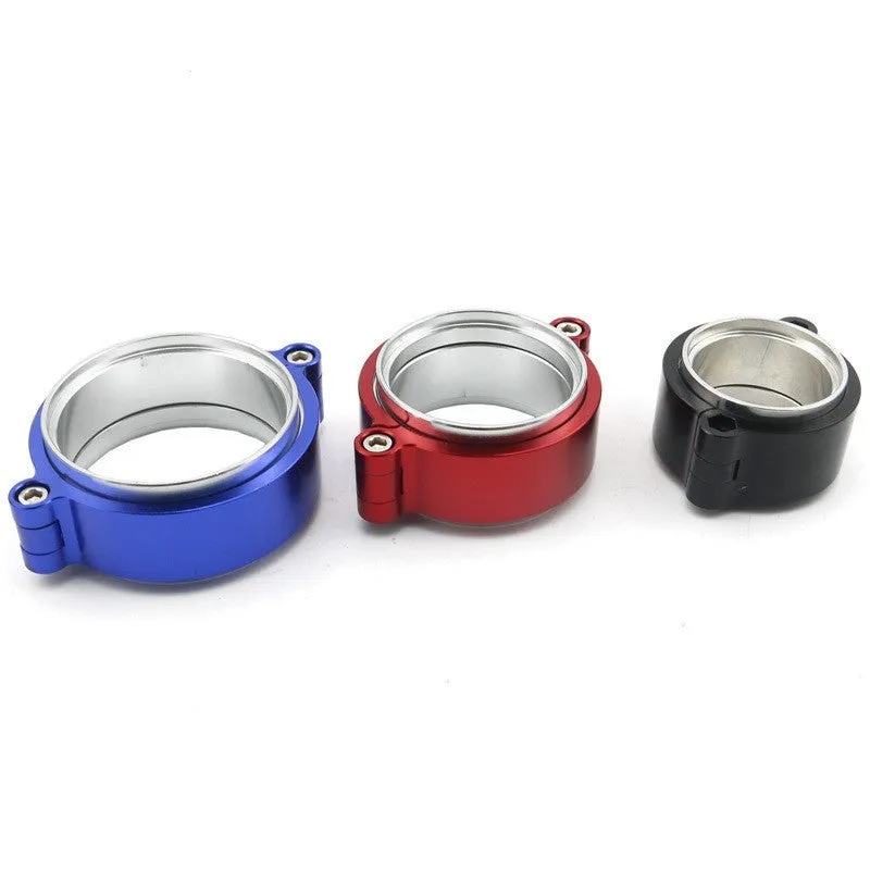 Aluminium high-pressure clamp for turbocharger exhaust pipe in black, blue, or red.