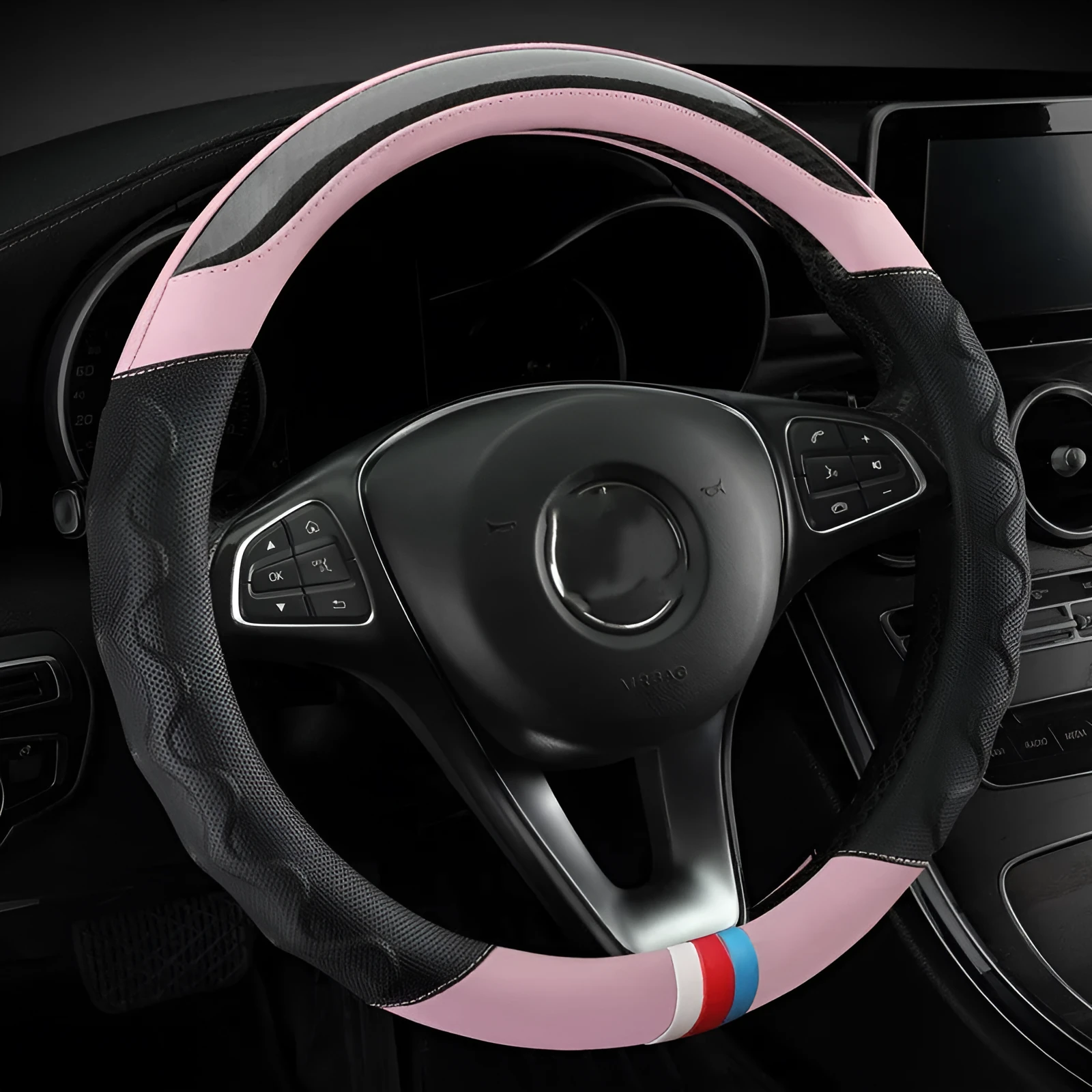 Artificial leather steering wheel cover for 38cm diameter wheels in round and D-shaped profiles