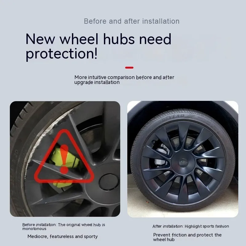 Tesla Model Y plastic wheel hub cover with sectional steel ring design in four colour options