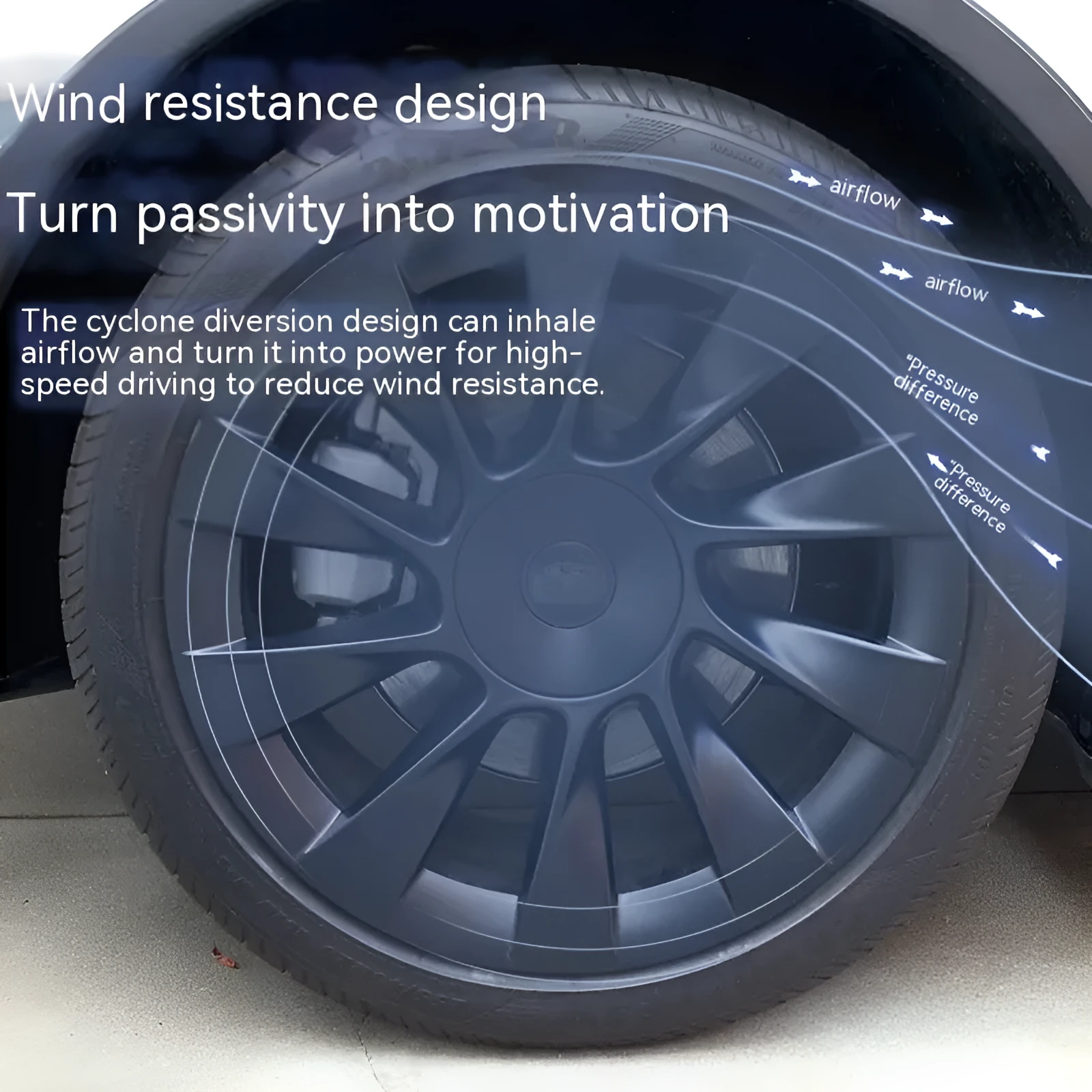 Tesla Model Y plastic wheel hub cover with sectional steel ring design in four colour options