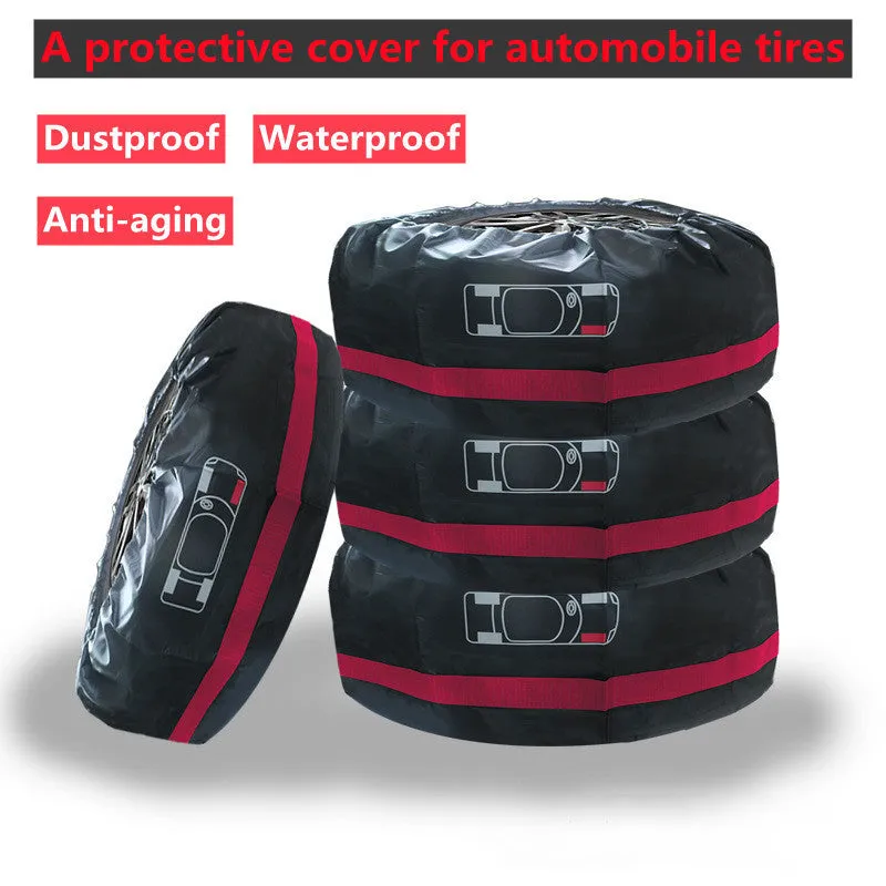Black and red oxford cloth car tyre protective covers showing belt-style design with sizing labels