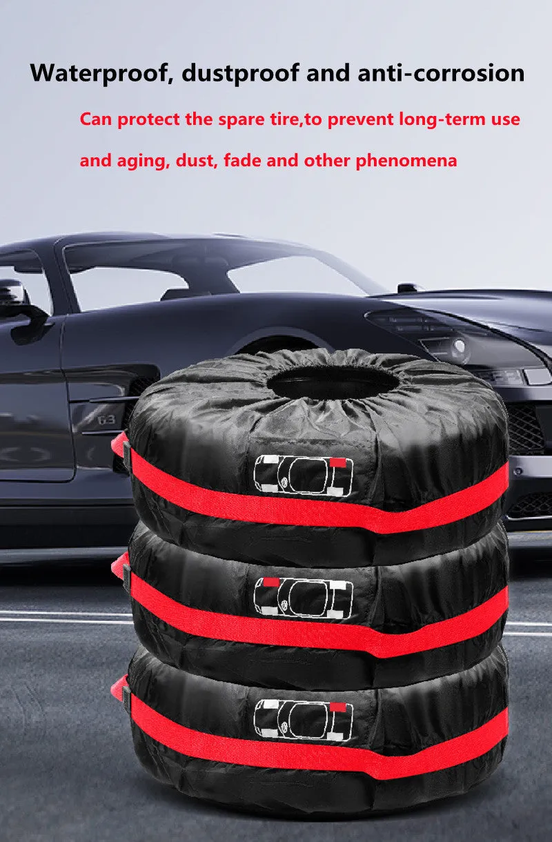 Black and red oxford cloth car tyre protective covers showing belt-style design with sizing labels