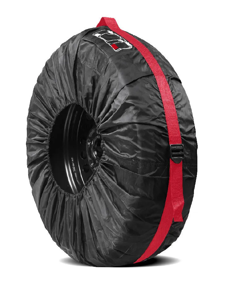 Black and red oxford cloth car tyre protective covers showing belt-style design with sizing labels