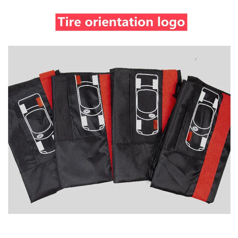 Black and red oxford cloth car tyre protective covers showing belt-style design with sizing labels