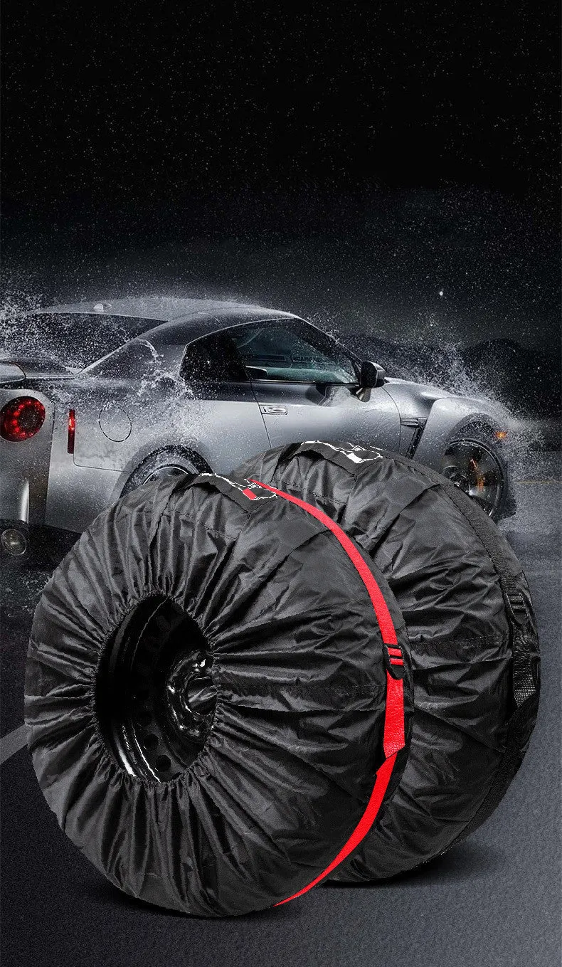 Black and red oxford cloth car tyre protective covers showing belt-style design with sizing labels