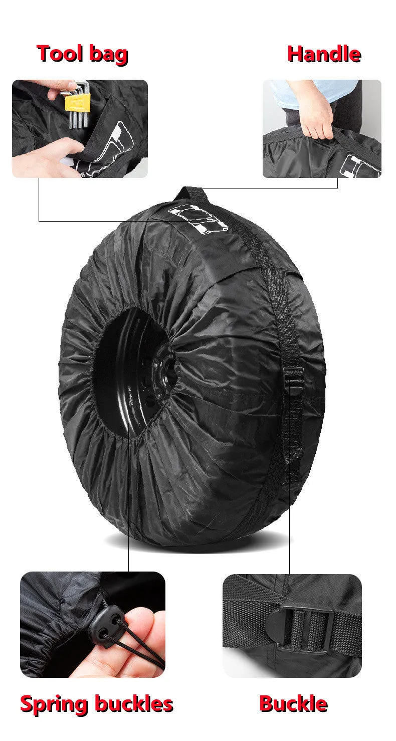 Black and red oxford cloth car tyre protective covers showing belt-style design with sizing labels