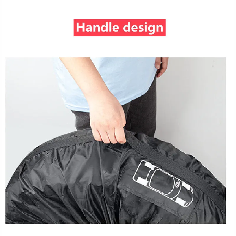 Black and red oxford cloth car tyre protective covers showing belt-style design with sizing labels