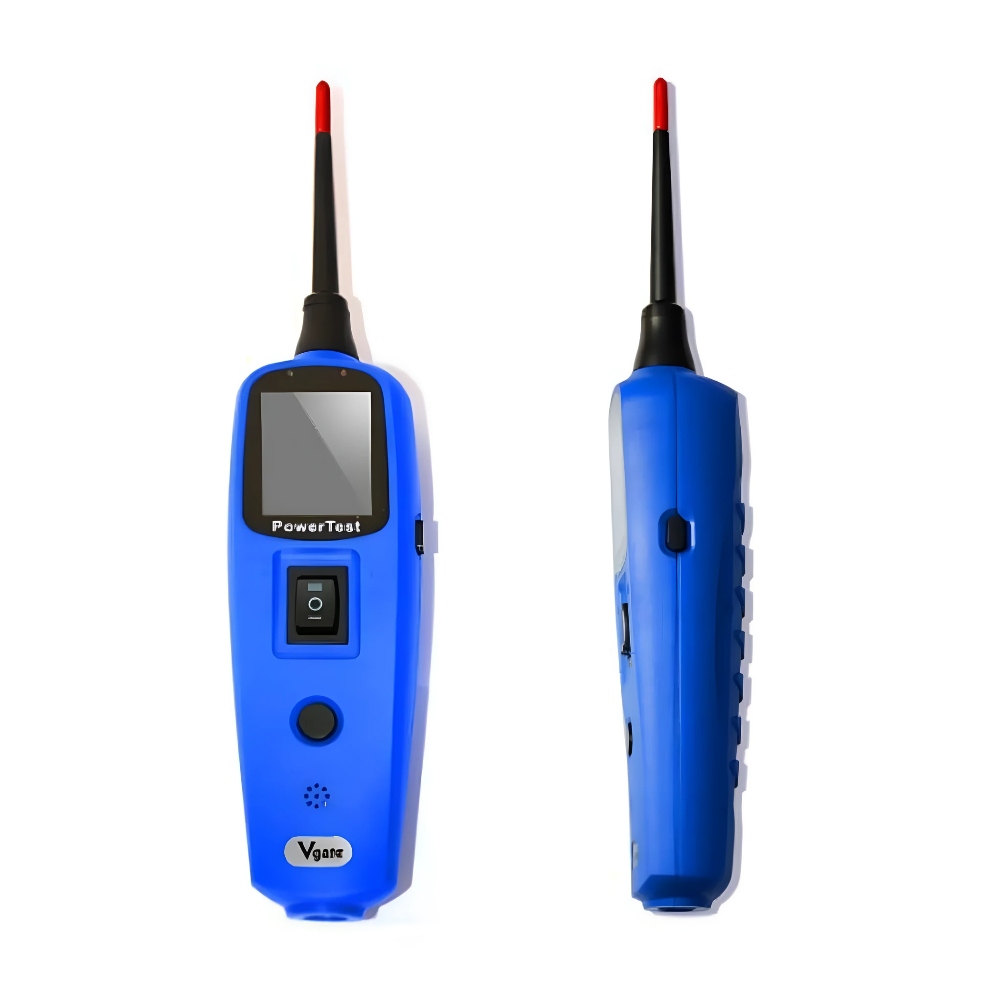 Blue automotive power circuit test pen with colour display, extension cable, and accessories in a blow moulded case.