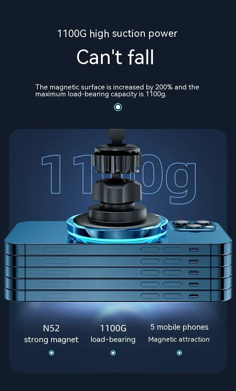 Black magnetic wireless charging stand attached to a car air vent, showing a smartphone secured on it.