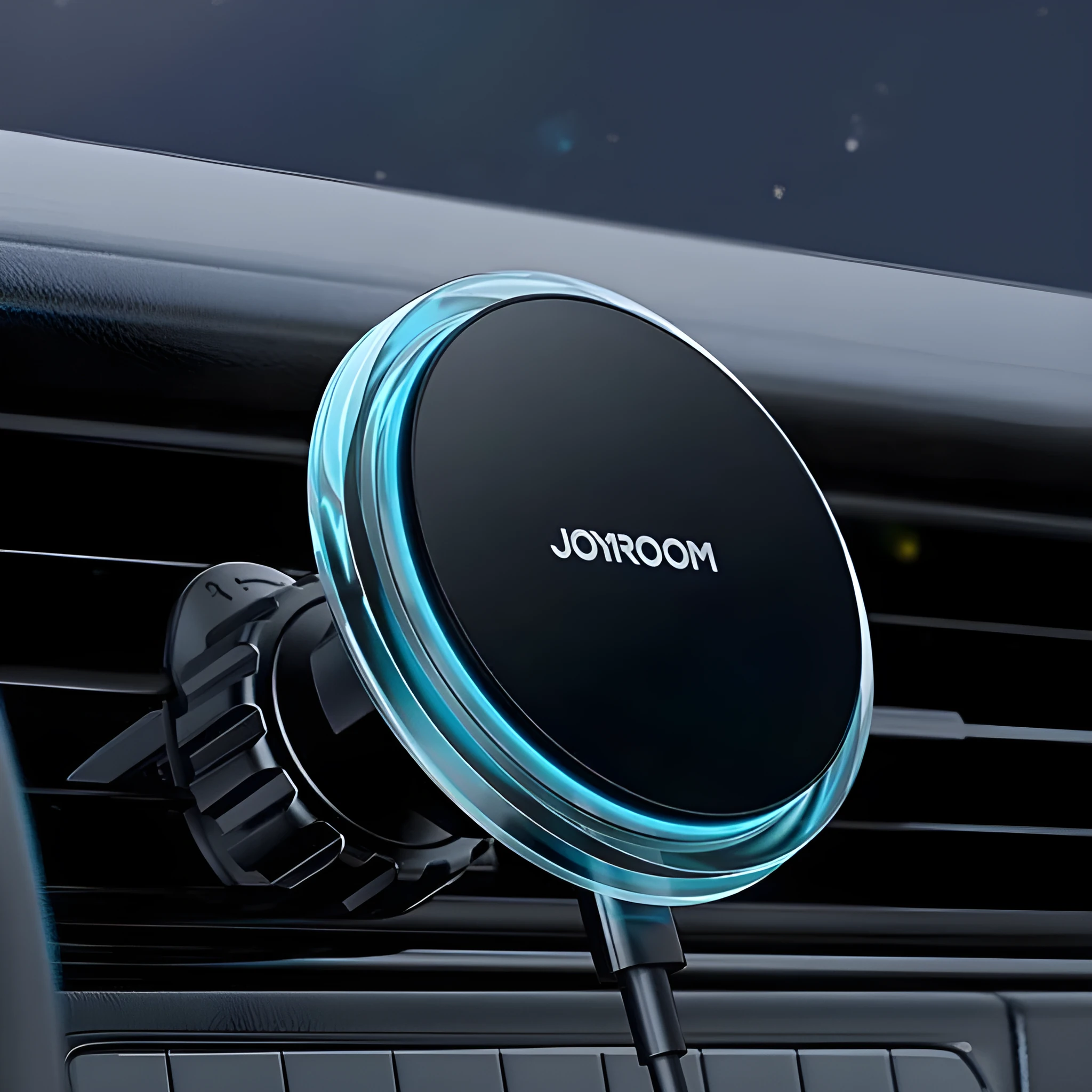 Black magnetic wireless charging stand attached to a car air vent, showing a smartphone secured on it.