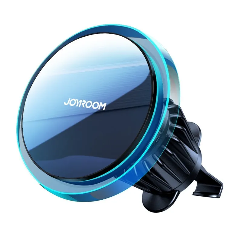 Black magnetic wireless charging stand attached to a car air vent, showing a smartphone secured on it.