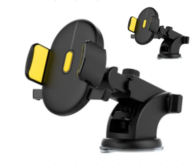 Yellow and black telescopic car phone holder with suction cup mounted on a dashboard