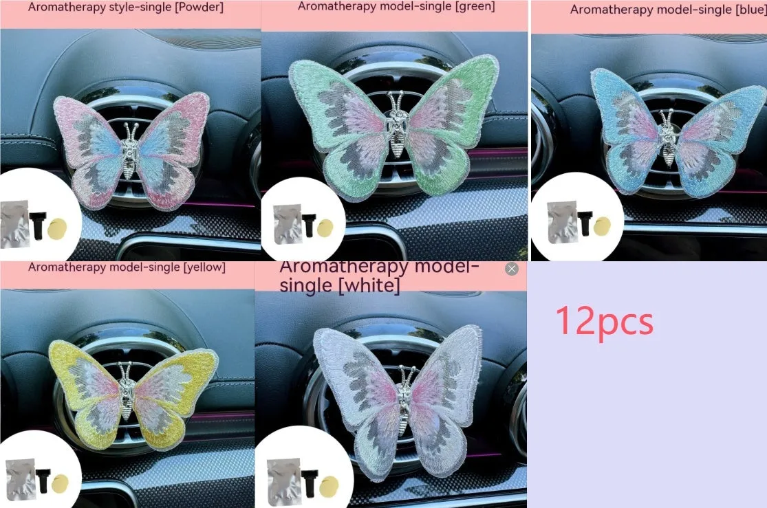 Soft fabric embroidered butterfly car air vent decoration in multiple colour options on a centre console.