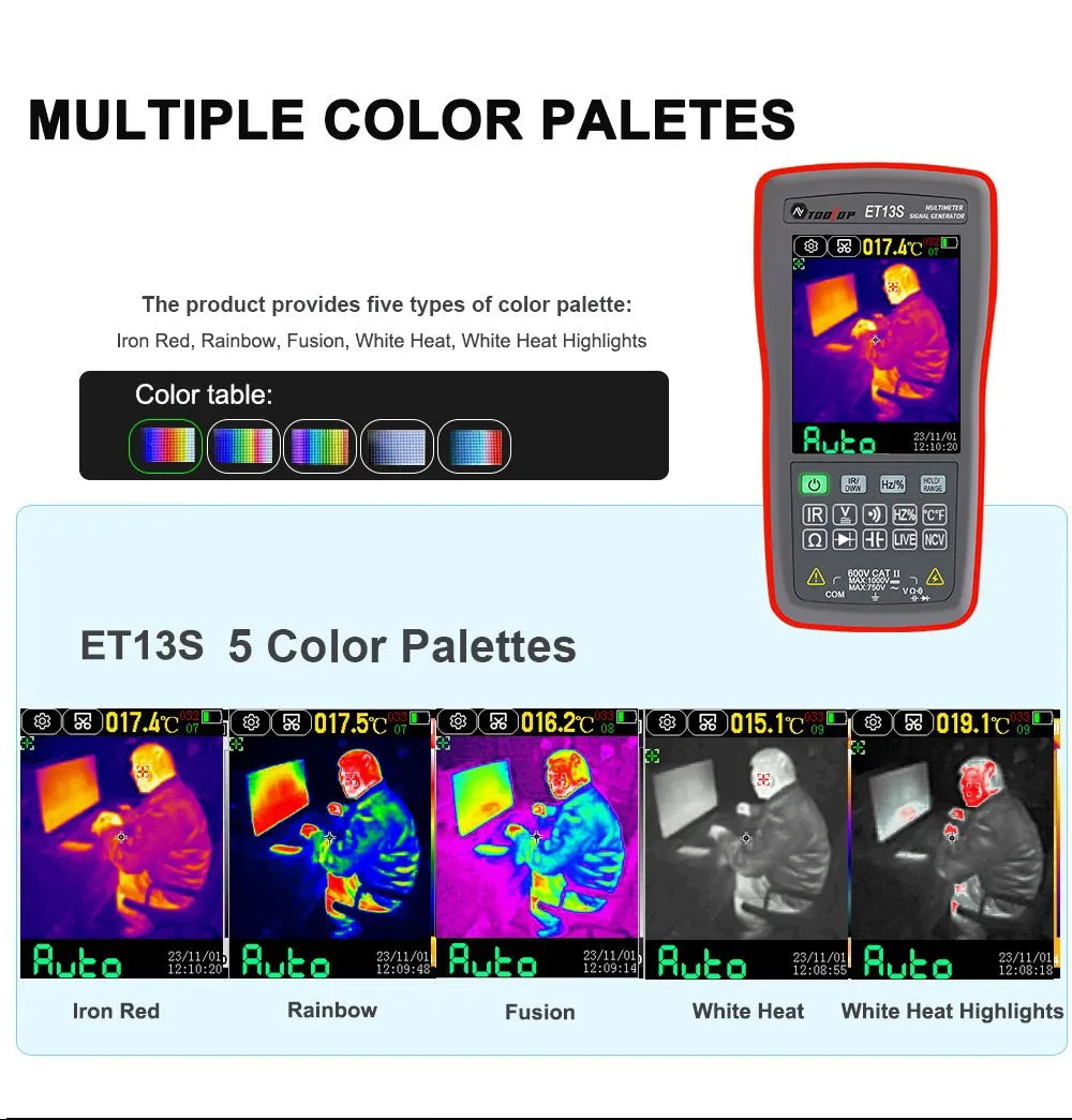 ET13S Pro handheld thermal imaging camera and infrared thermometer on a workbench.