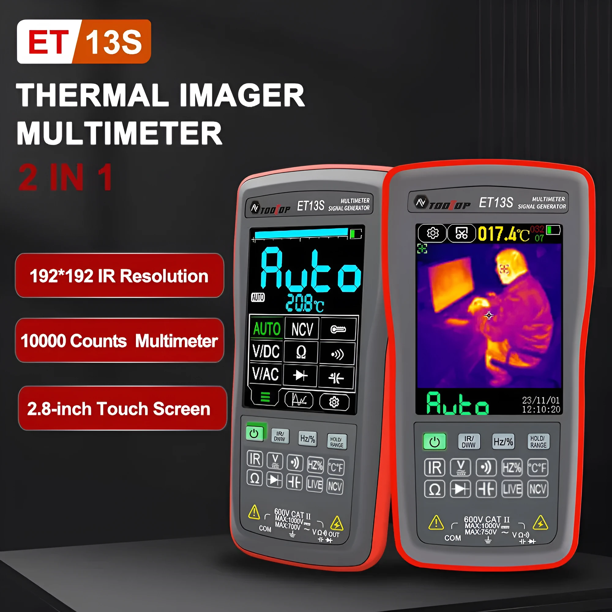 ET13S Pro handheld thermal imaging camera and infrared thermometer on a workbench.