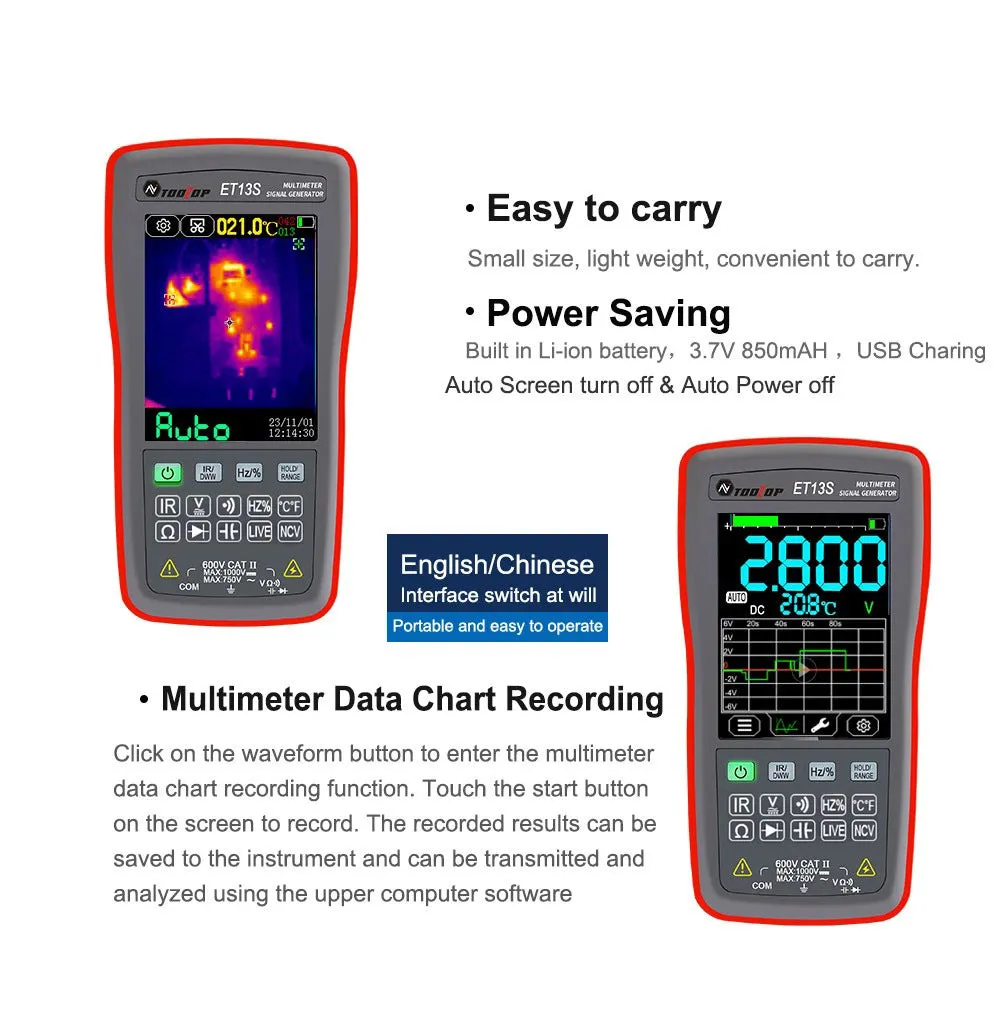 ET13S Pro handheld thermal imaging camera and infrared thermometer on a workbench.