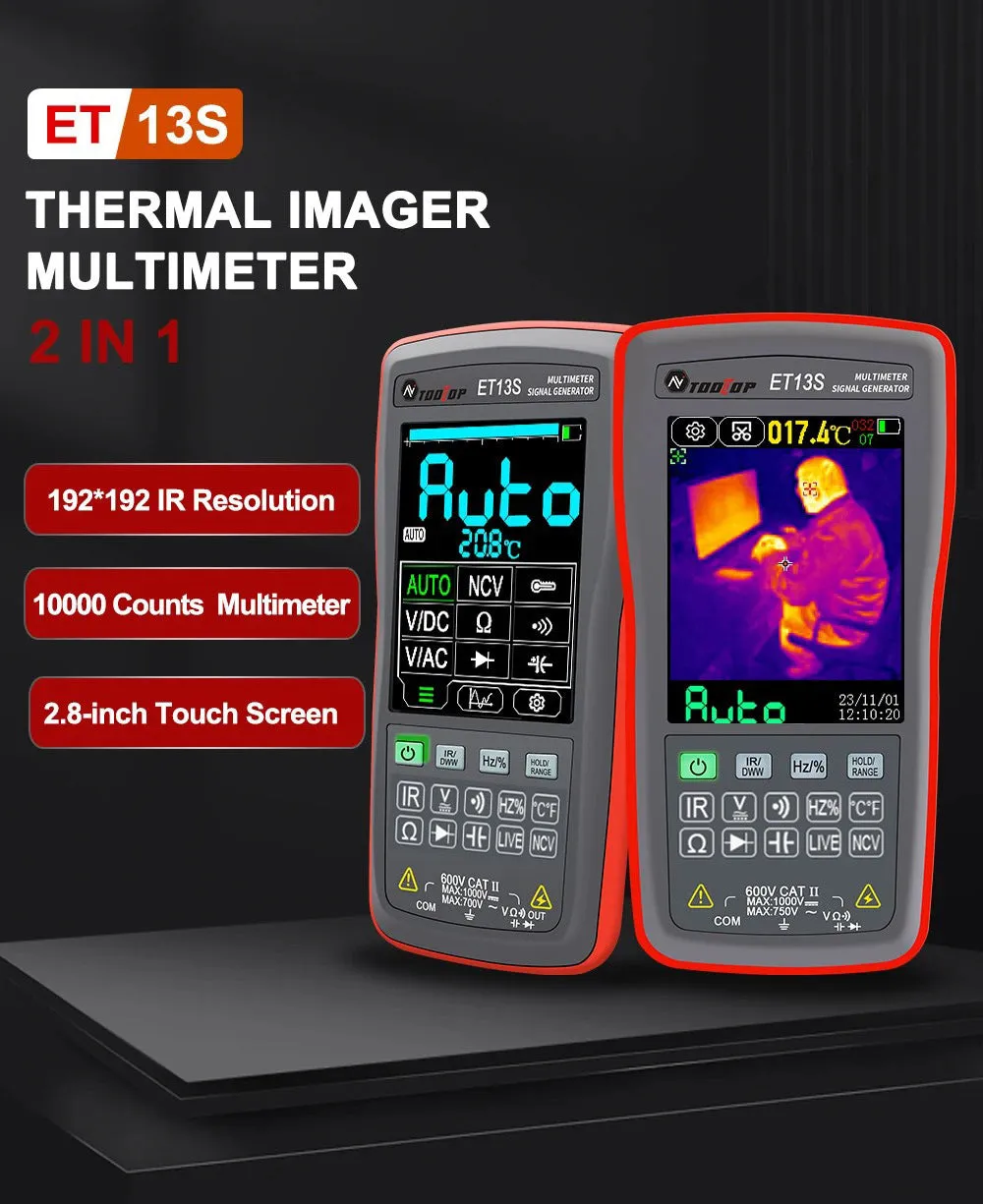 ET13S Pro handheld thermal imaging camera and infrared thermometer on a workbench.