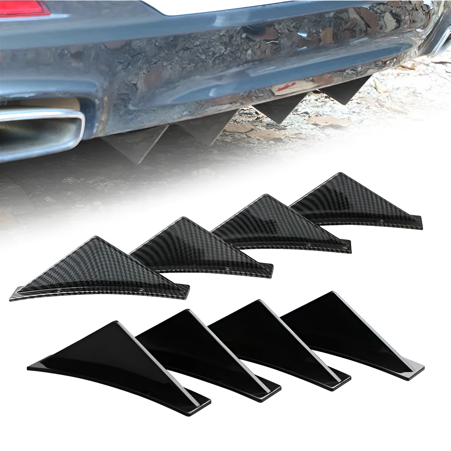 Four triangle car rear spoilers in bright black and carbon fibre finishes