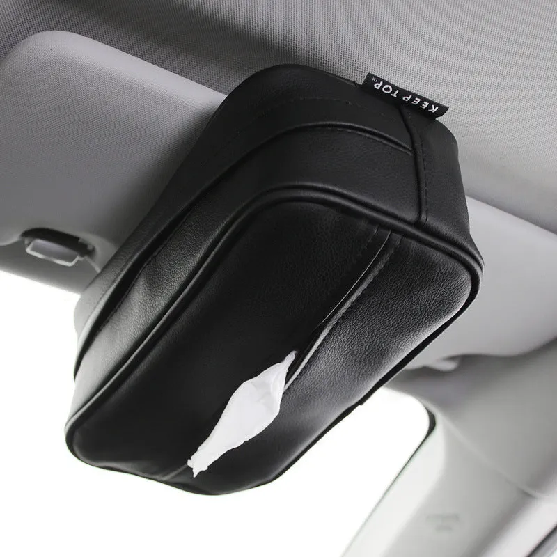 Black leather hanging storage box with a zip and PU strap, shown next to a beige medium sized box.