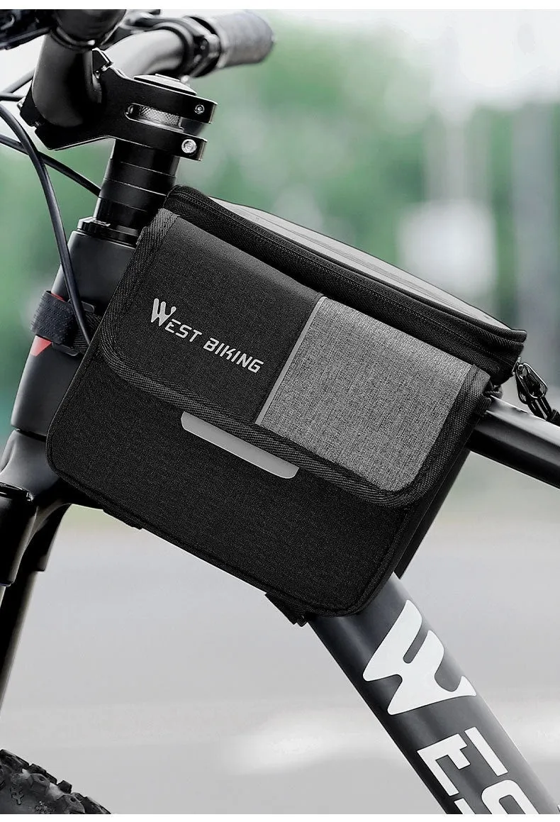 Black and grey Oxford cloth bilateral tube saddle bag with 2L capacity mounted on bike