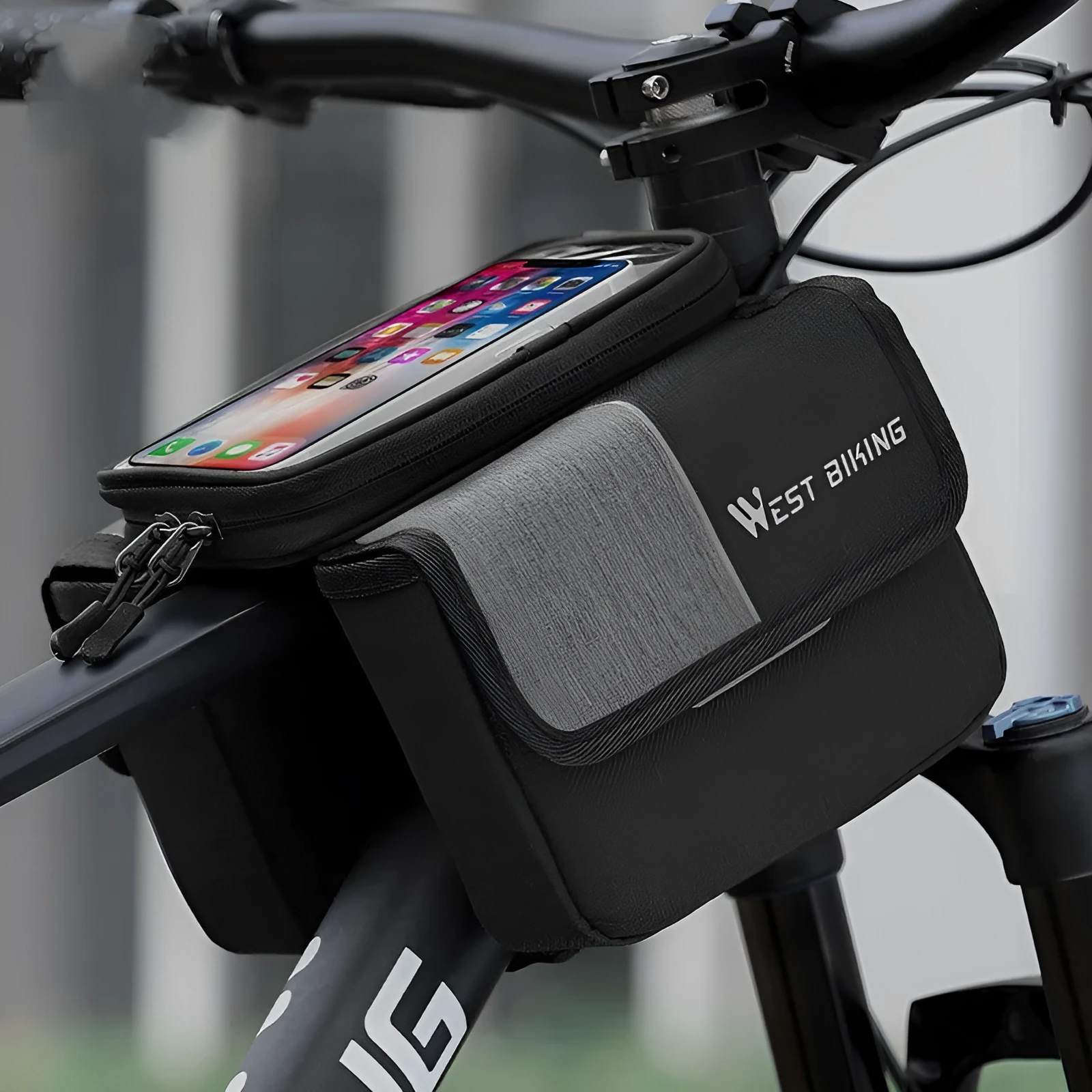 Black and grey Oxford cloth bilateral tube saddle bag with 2L capacity mounted on bike