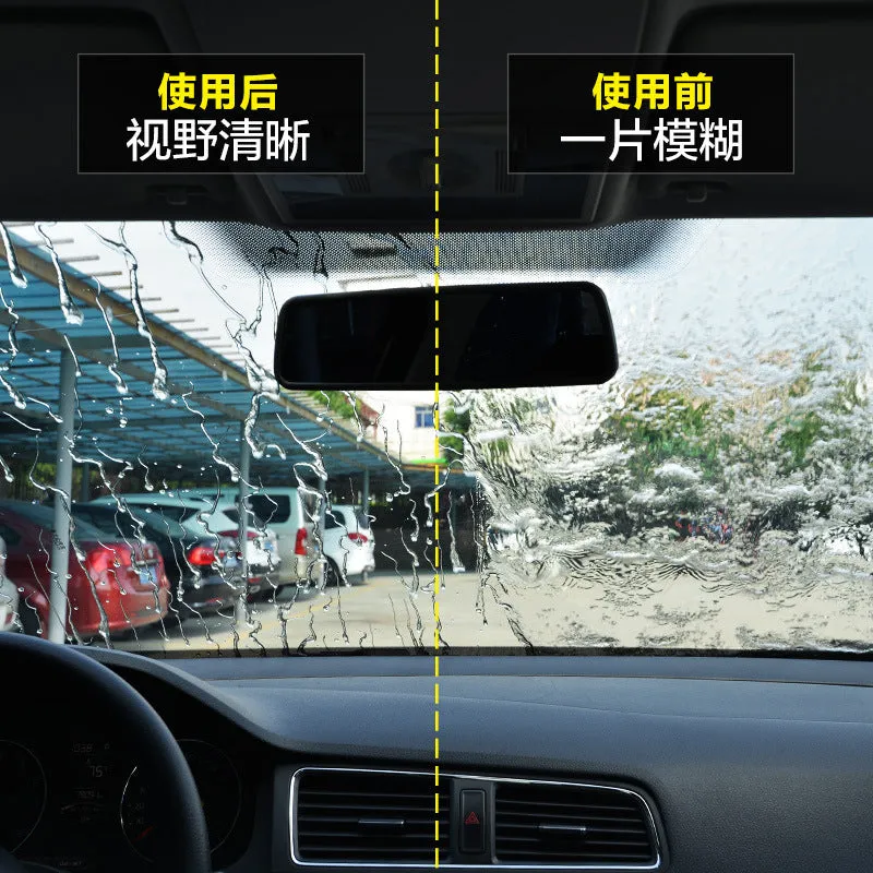 70ml bottle of transparent car windscreen rain repellent treatment on a car glass surface.