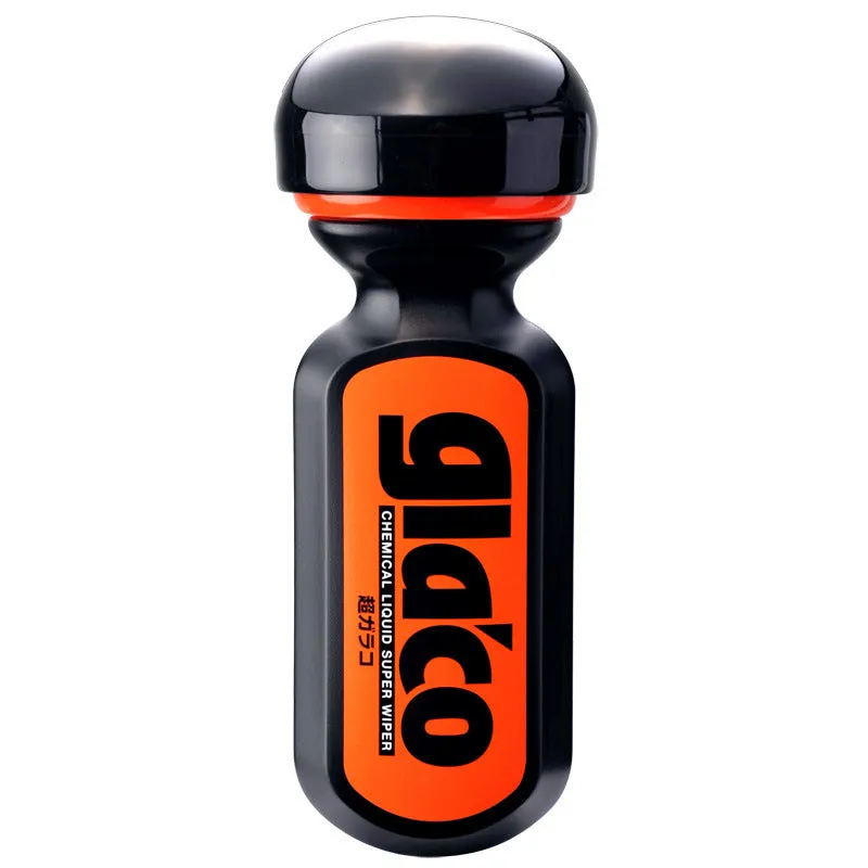 70ml bottle of transparent car windscreen rain repellent treatment on a car glass surface.