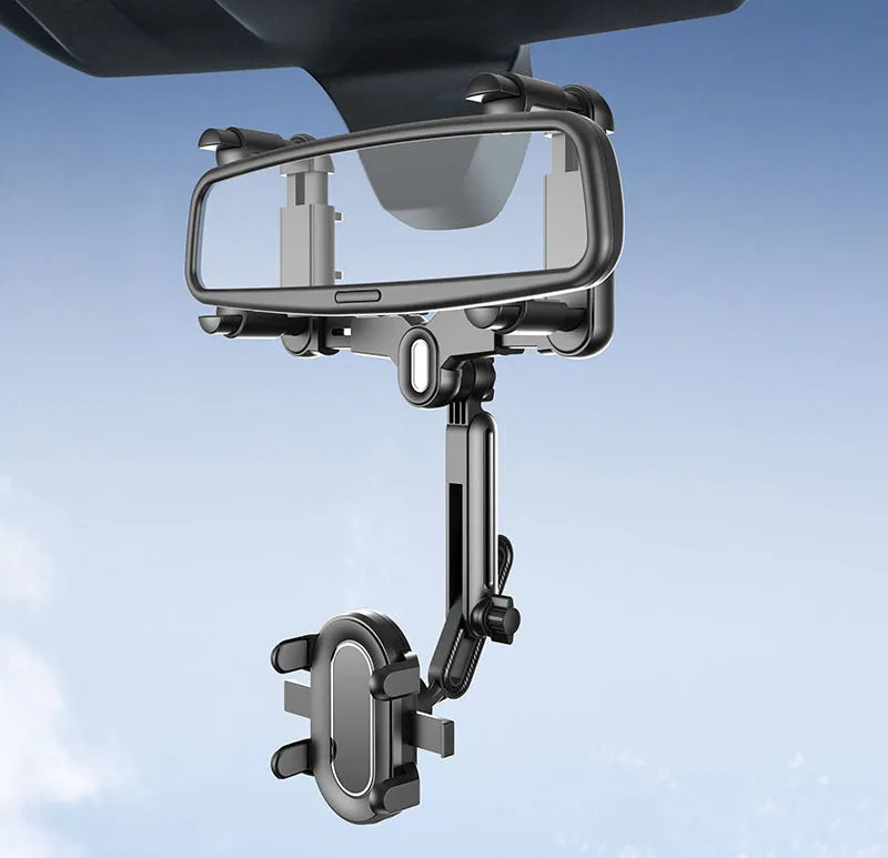 Universal retractable phone holder mounted on car rearview mirror showing 4.0-7.0 inch device capacity