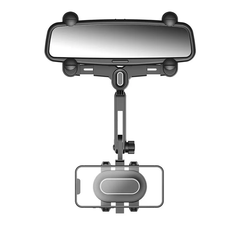 Universal retractable phone holder mounted on car rearview mirror showing 4.0-7.0 inch device capacity