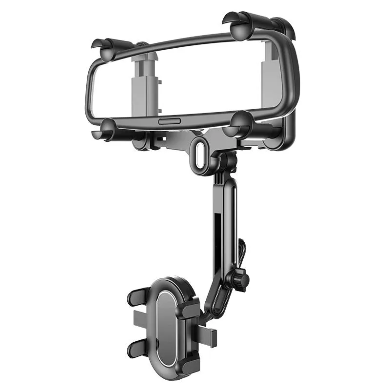 Universal retractable phone holder mounted on car rearview mirror showing 4.0-7.0 inch device capacity