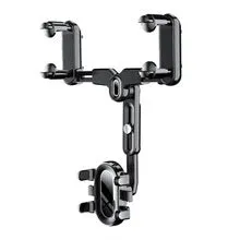 Universal retractable phone holder mounted on car rearview mirror showing 4.0-7.0 inch device capacity