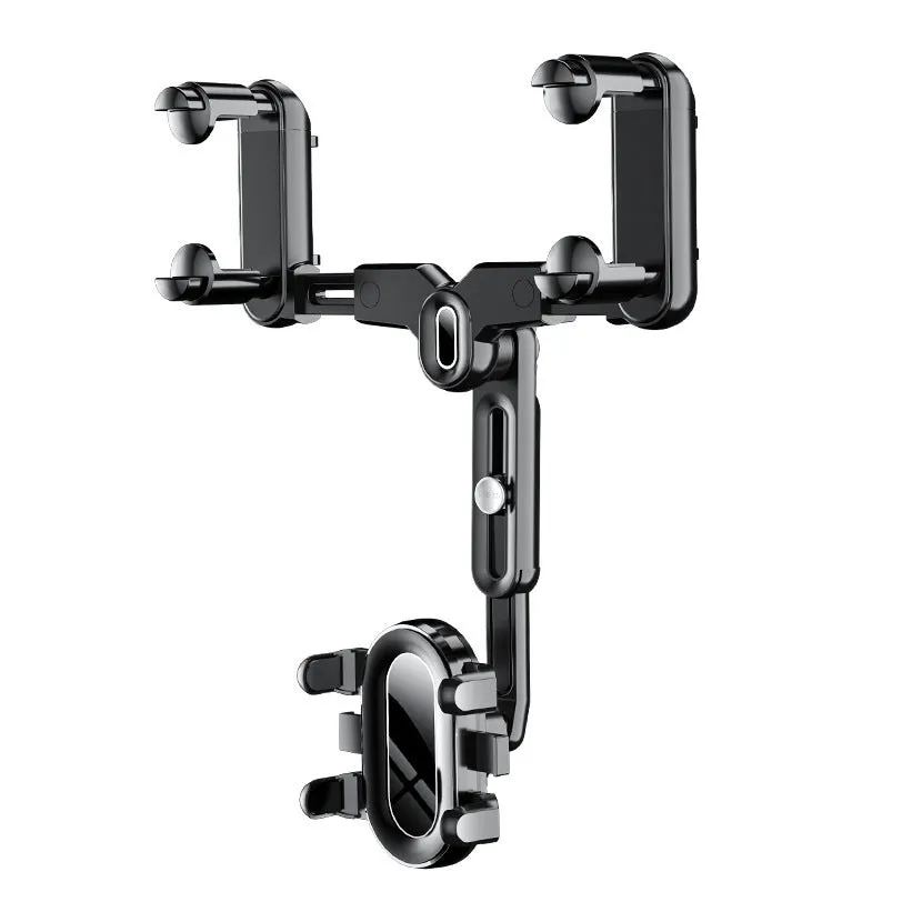 Universal retractable phone holder mounted on car rearview mirror showing 4.0-7.0 inch device capacity