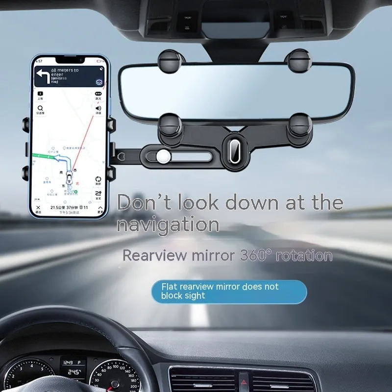 Universal retractable phone holder mounted on car rearview mirror showing 4.0-7.0 inch device capacity
