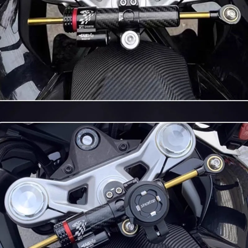 Titanium directional damper bracket with carbon fibre finish for CFMoto 450SR motorcycle.