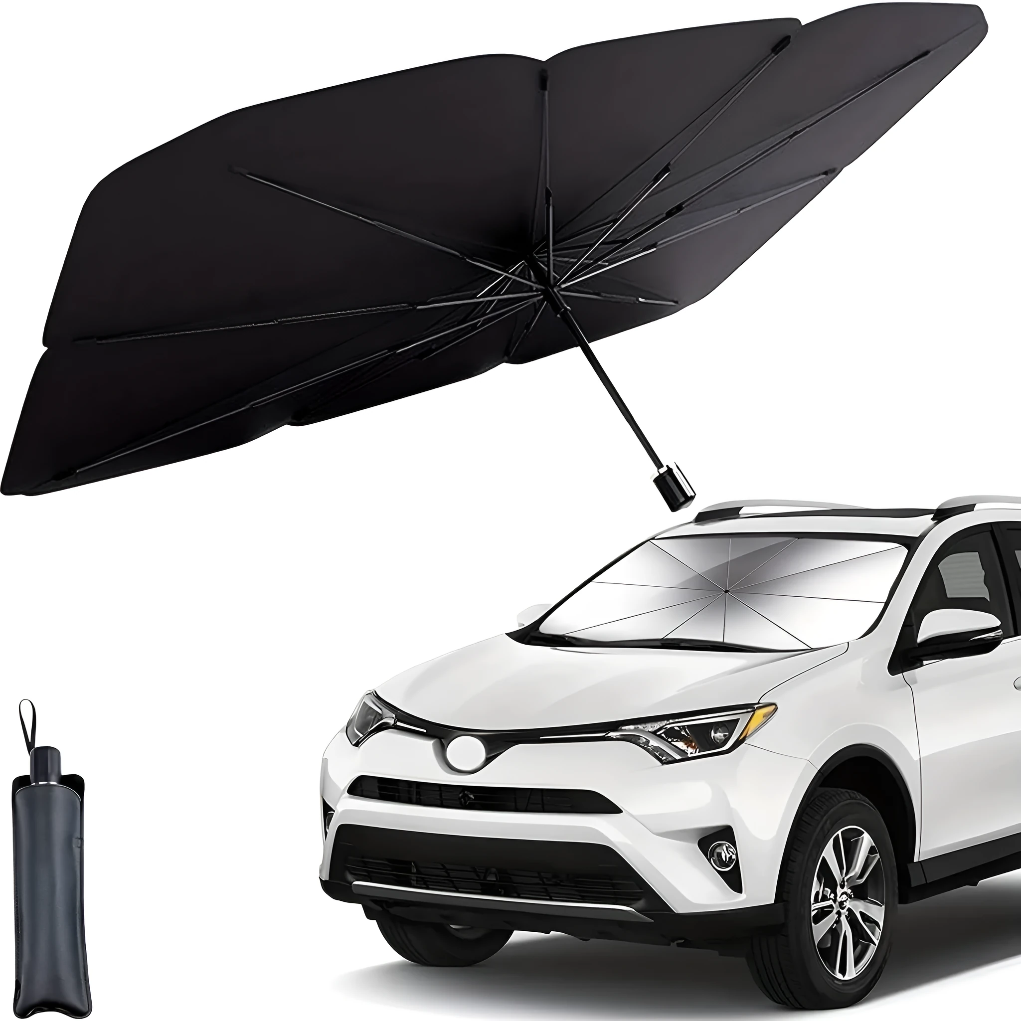 Foldable car windshield sunshade umbrella with automatic rebound button for UV protection and heat reduction