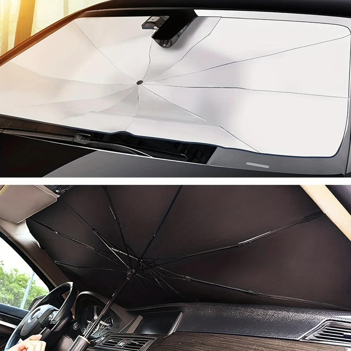 Foldable car windshield sunshade umbrella with automatic rebound button for UV protection and heat reduction