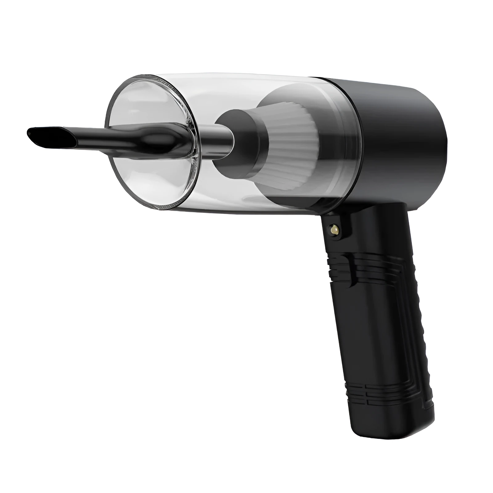 Powerful black and white mini car vacuum cleaner with suction attachments on a 5-metre cord.