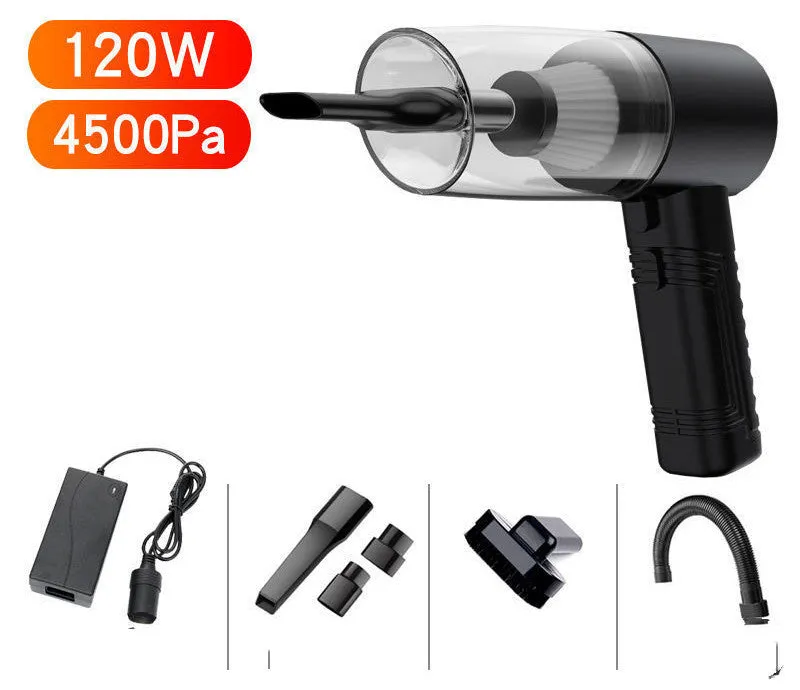 Powerful black and white mini car vacuum cleaner with suction attachments on a 5-metre cord.