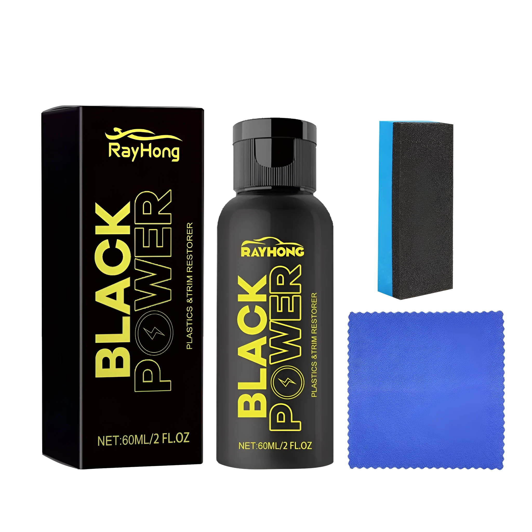 Automotive plastic refurbishment kit with 60ml bottle, sponge applicator, and microfibre cloth