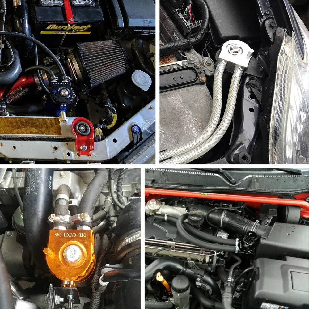 Aluminium car engine oil breather pot in choice of black, blue, red, or silver colours.