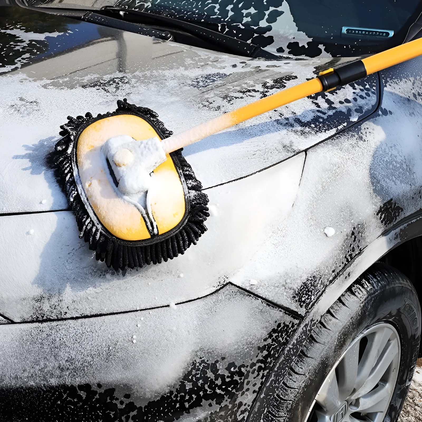 Telescopic curved aluminium car cleaning brush with yellow chenille head