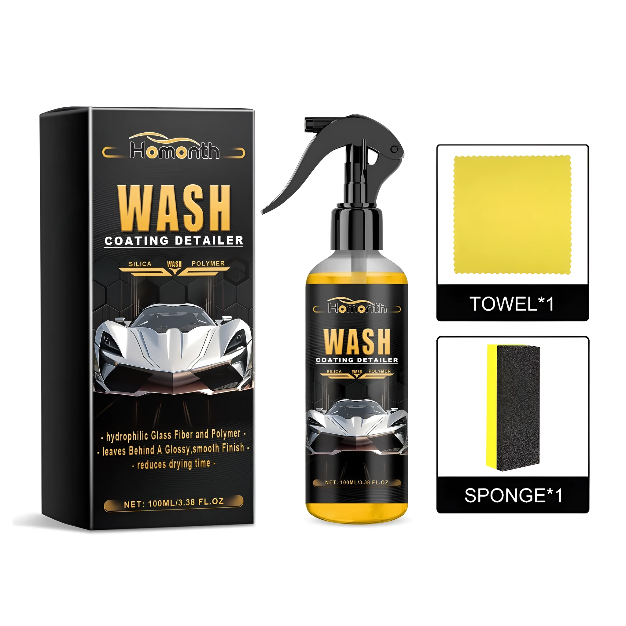 Car wash coating detailer kit with PET bottle, applicator sponge and microfiber cloth