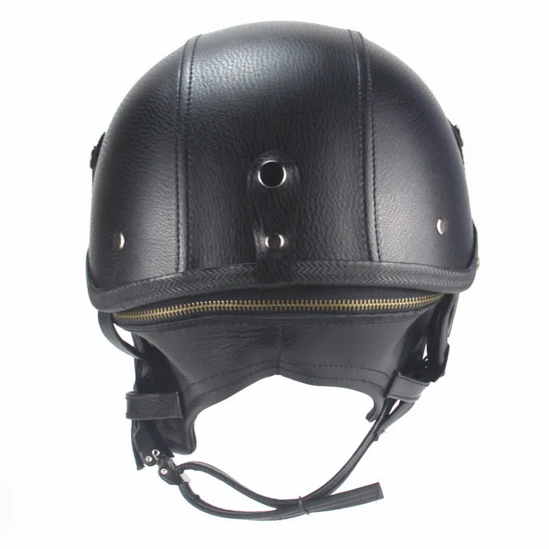 Retro-style half-pedal motorcycle helmet in black artificial leather with handmade construction