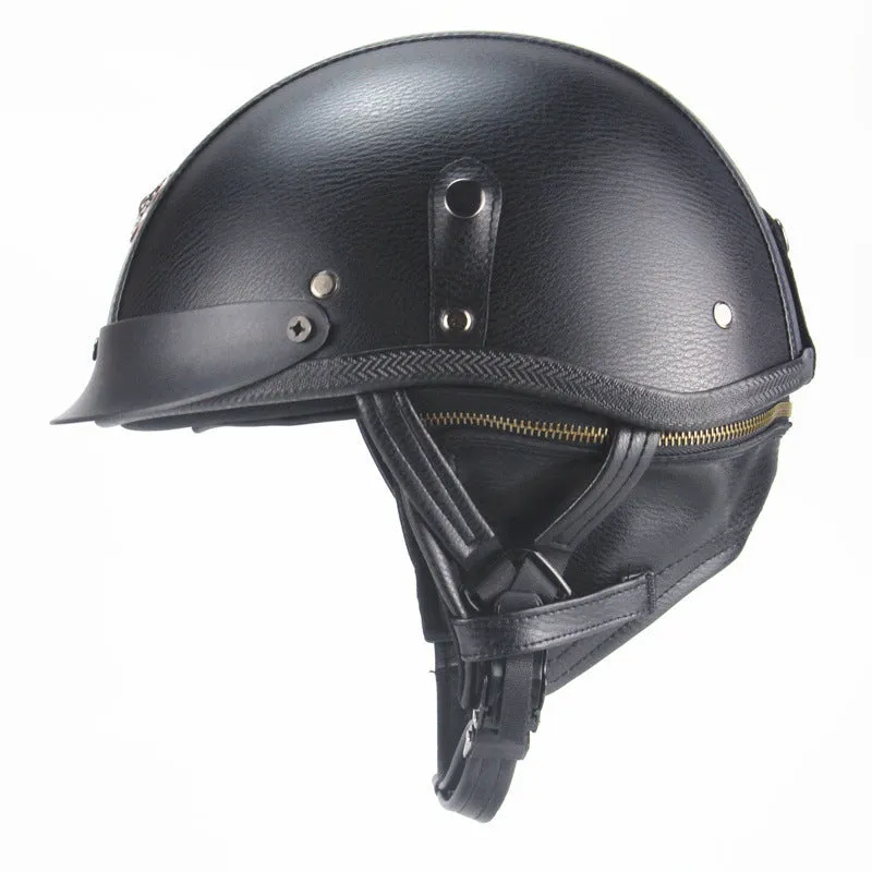 Retro-style half-pedal motorcycle helmet in black artificial leather with handmade construction