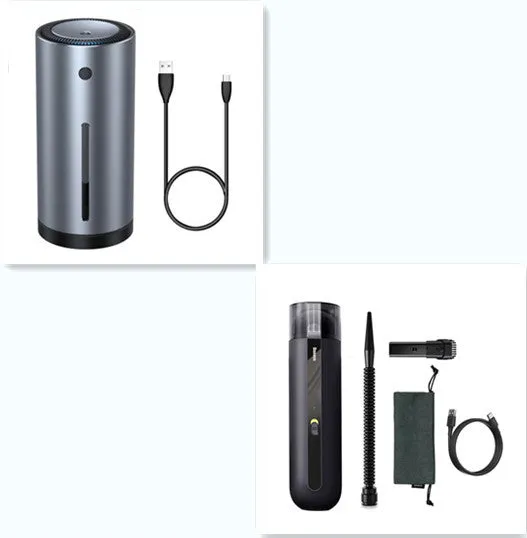 Baseus wireless handheld car vacuum cleaner in black, shown with blowing hose attachment and Type-C charging cable.